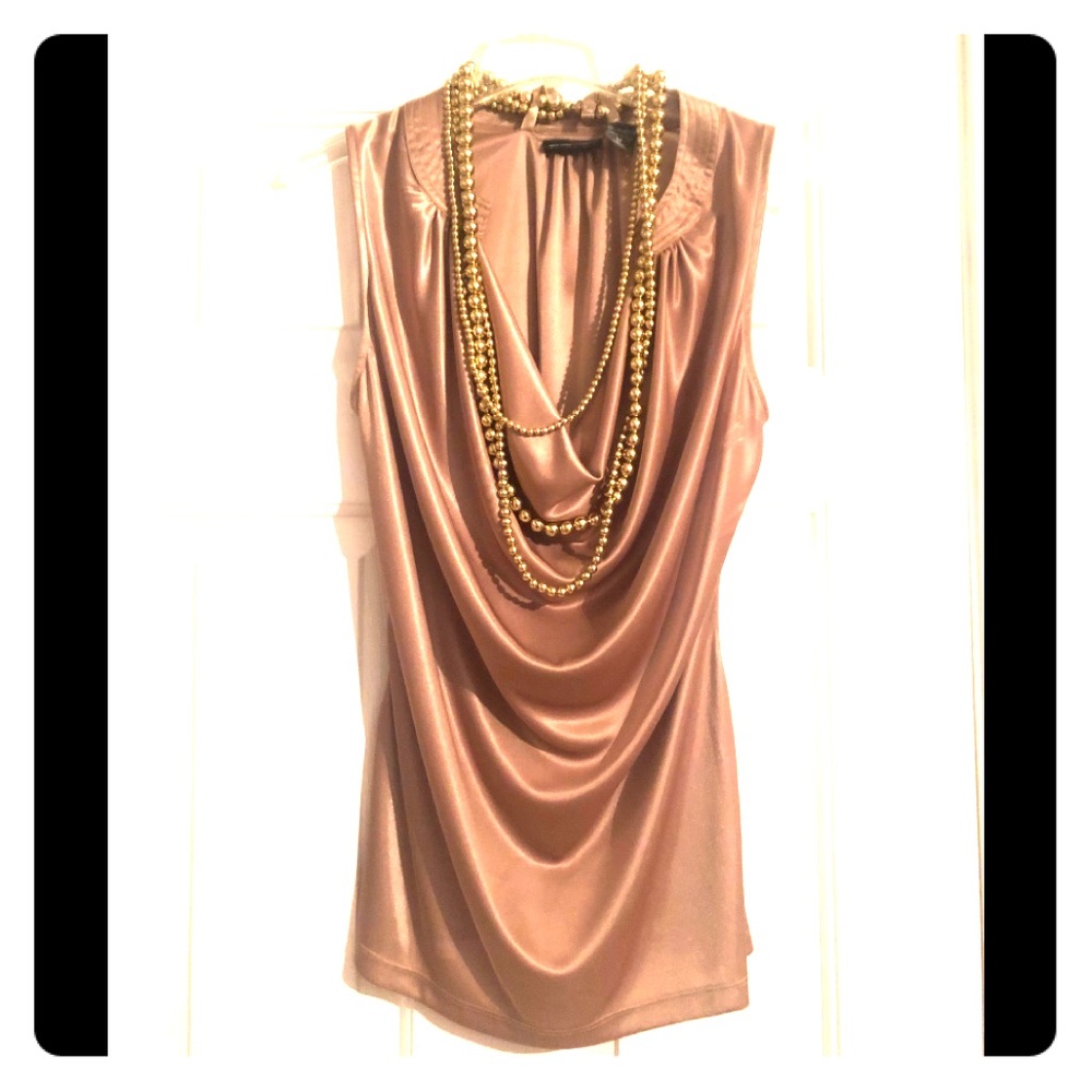 Flowy satin blouse with pearl necklace neckline